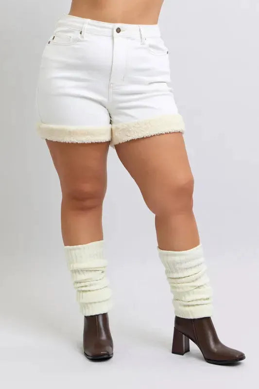 Judy Blue Full Size High Waist Shearling Cuff Denim Shorts Plus Size by Judy Blue