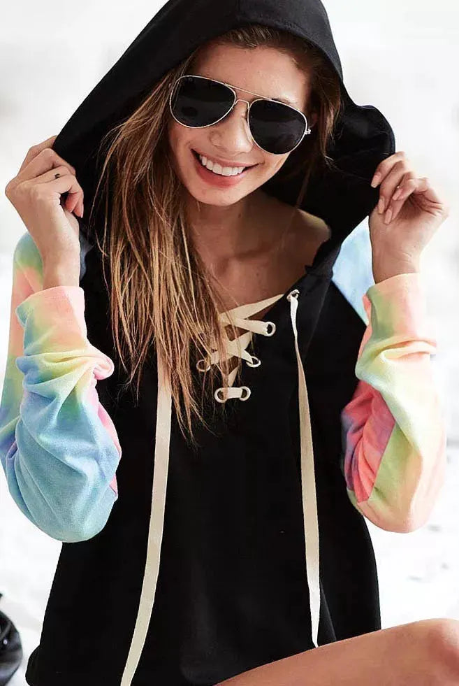BiBi French Terry Lace Up Hoodie With Tie Dye Sleeves by BiBi