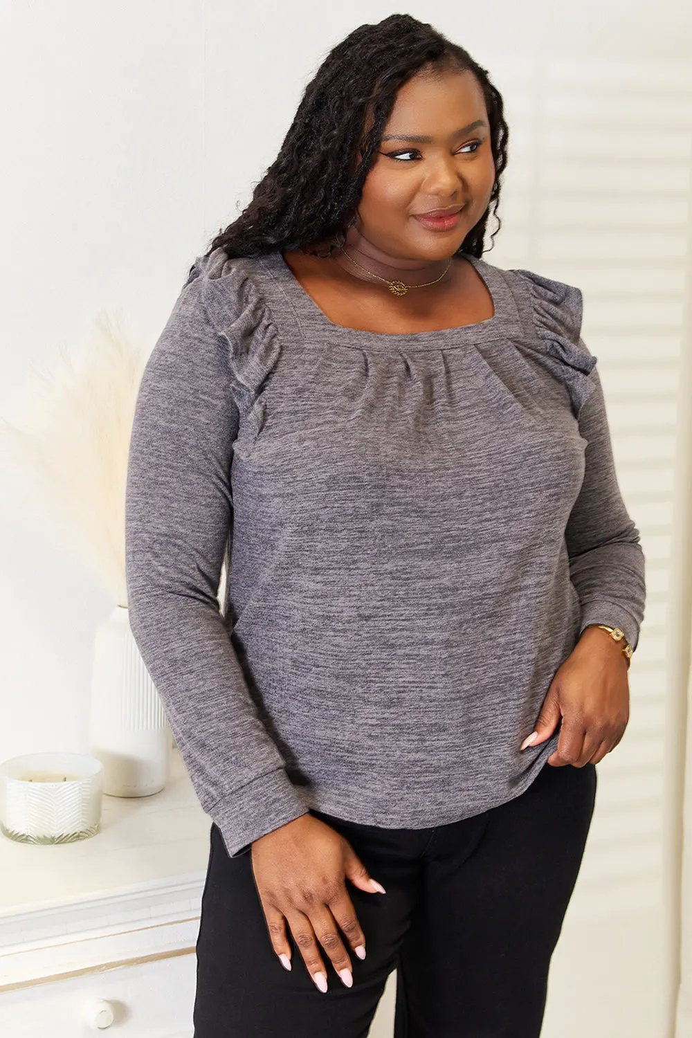 Double Take Square Neck Ruffle Shoulder Long Sleeve T-Shirt by Double Take