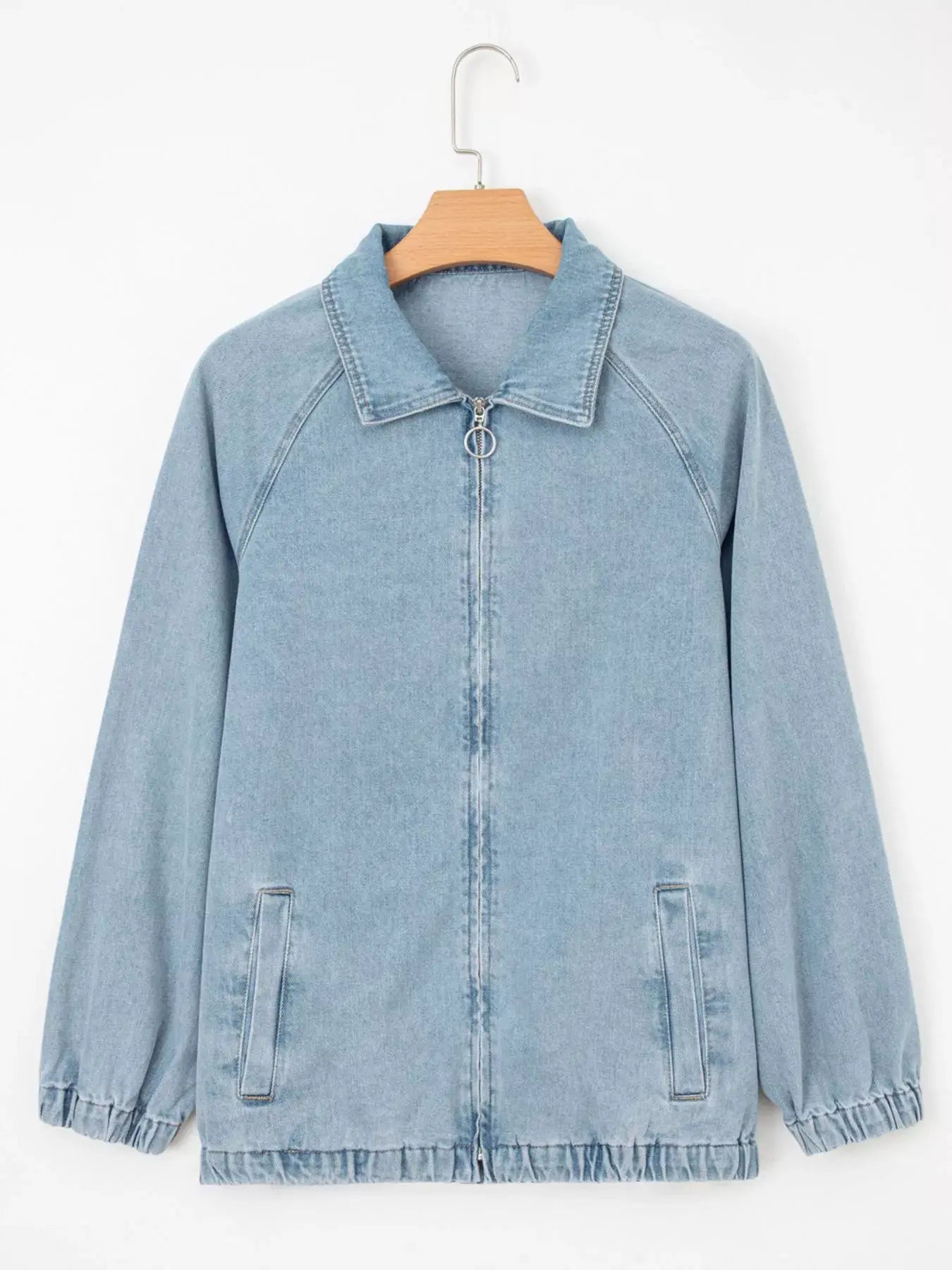 Elastic Edge Collared Zip Up Denim Jacket With Pocket by Partner Label