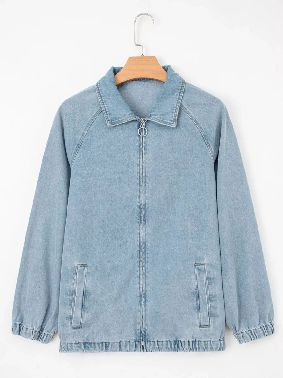 Elastic Edge Collared Zip Up Denim Jacket With Pocket by Partner Label