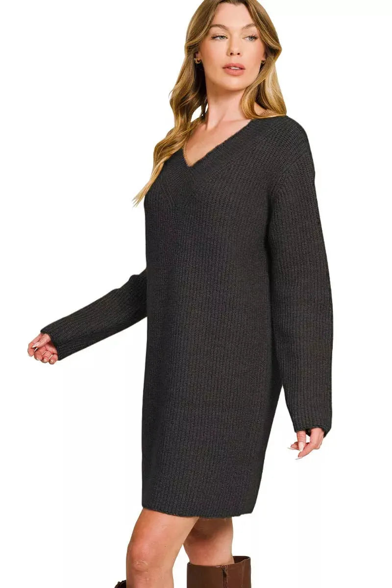 V-Neck Long Sleeve Ribbed Sweater Dress by Zenana