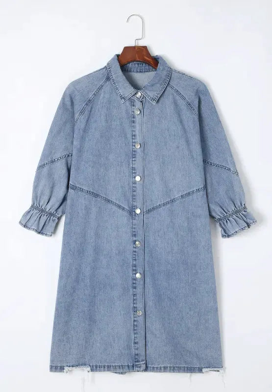 Distressed Collared Neck Flounce Sleeve Denim Dress by Partner Label