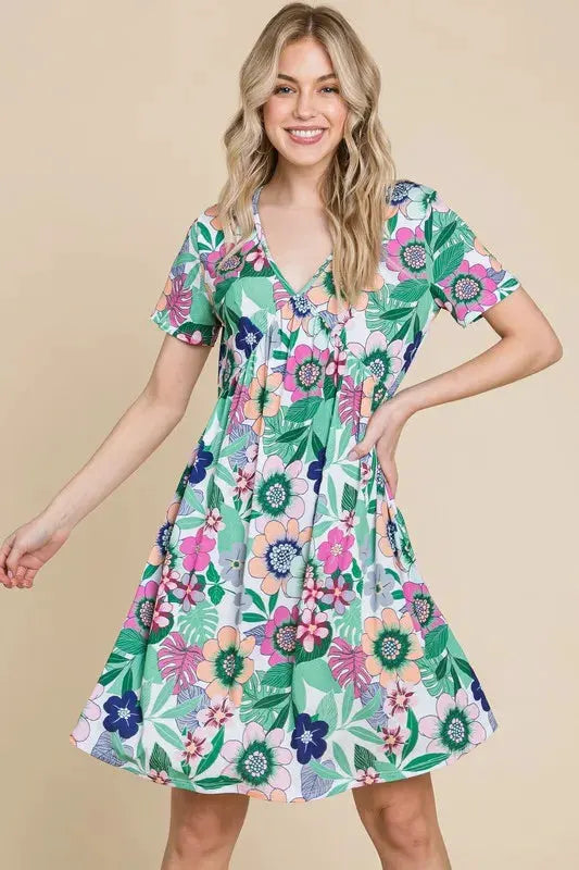 BOMBOM Ruched Floral V-Neck Short Sleeve Dress by BOMBOM