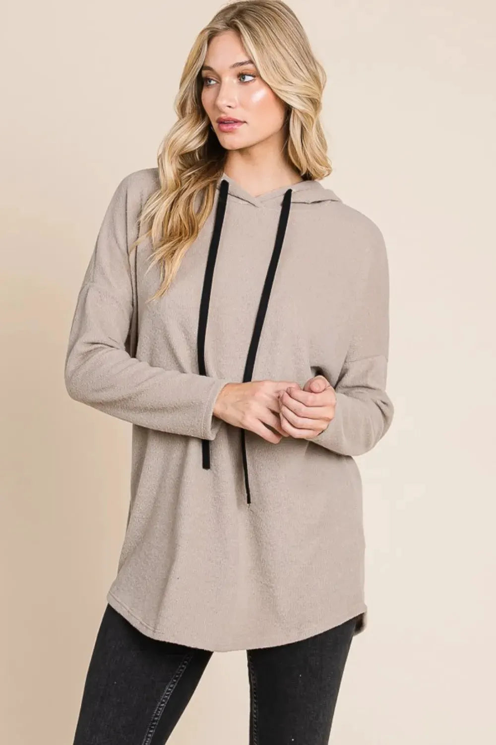 BOMBOM Contrast Drawstring Drop Shoulder Knit Hoodie by BOMBOM