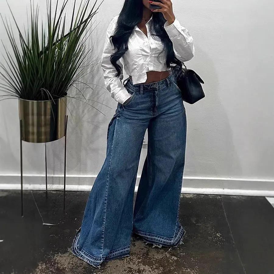 Loose Wide Leg Jeans Stitching Bell-bottom Pants Tassel Trousers by Maiden-Art