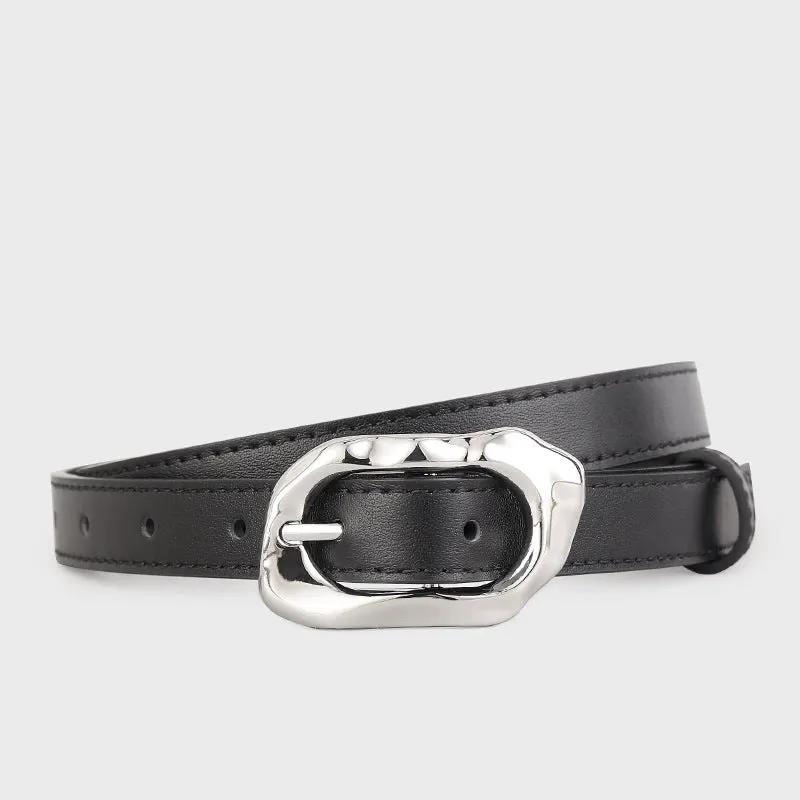 Leather Belt with Silver Buckle by Trendsi