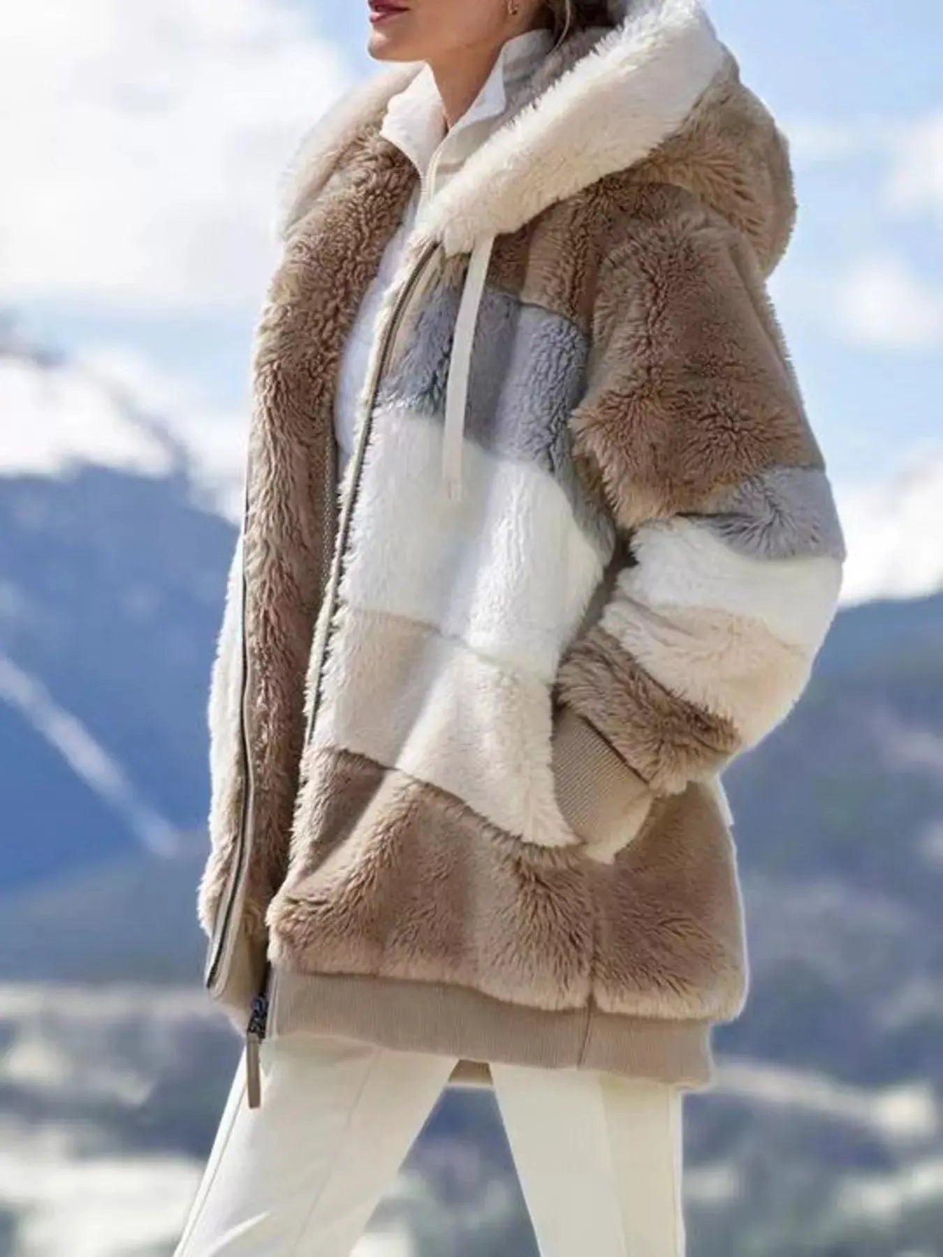 Full Size Fuzzy Zip Up Hooded Outerwear Plus Size | Partner Labels Selection by Partner Label