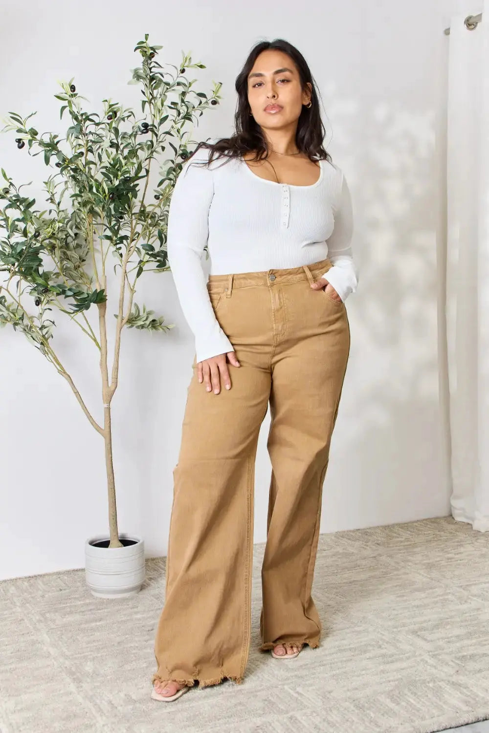 RISEN Full Size Fringe Hem Wide Leg Jeans by RISEN