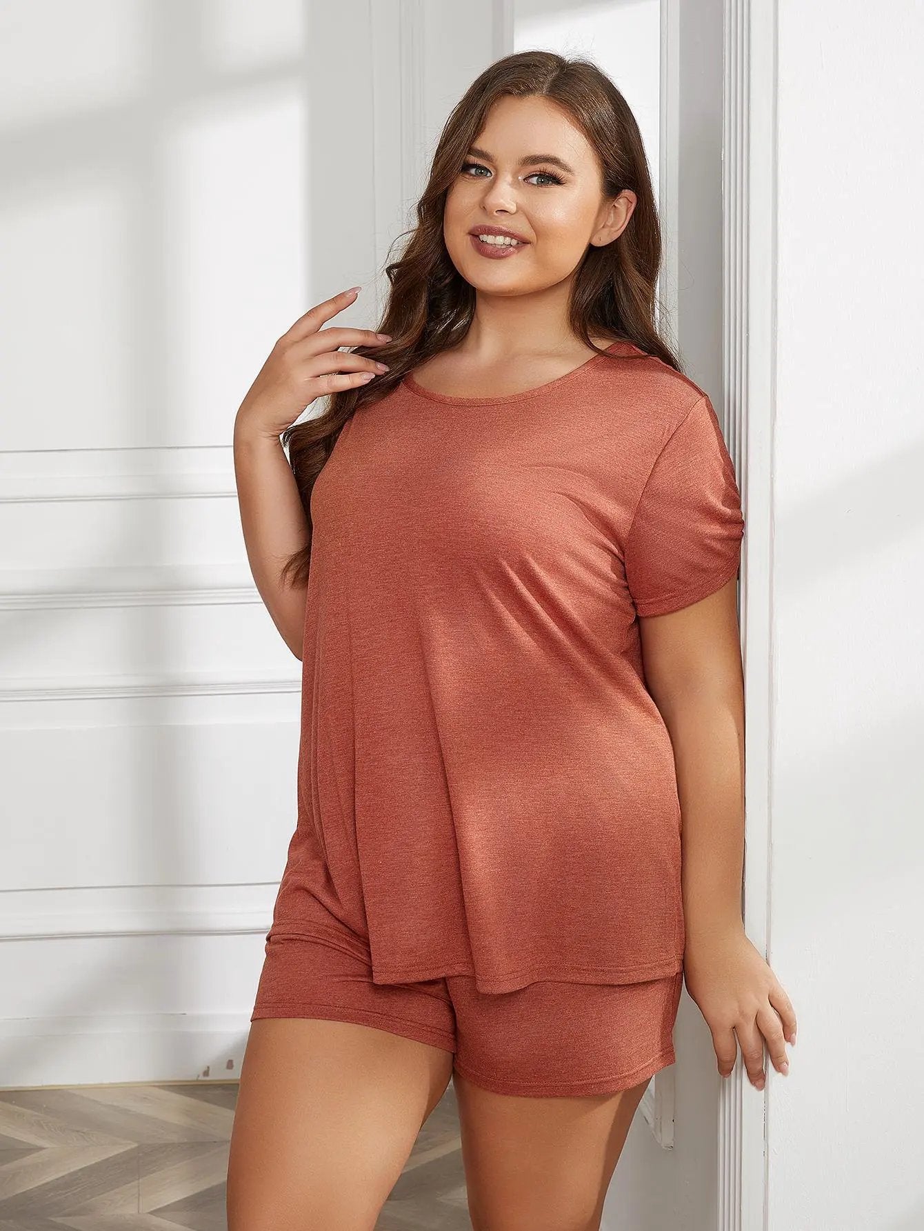 Plus Size Round Neck Short Sleeve Two-Piece Loungewear Set by Partner Label