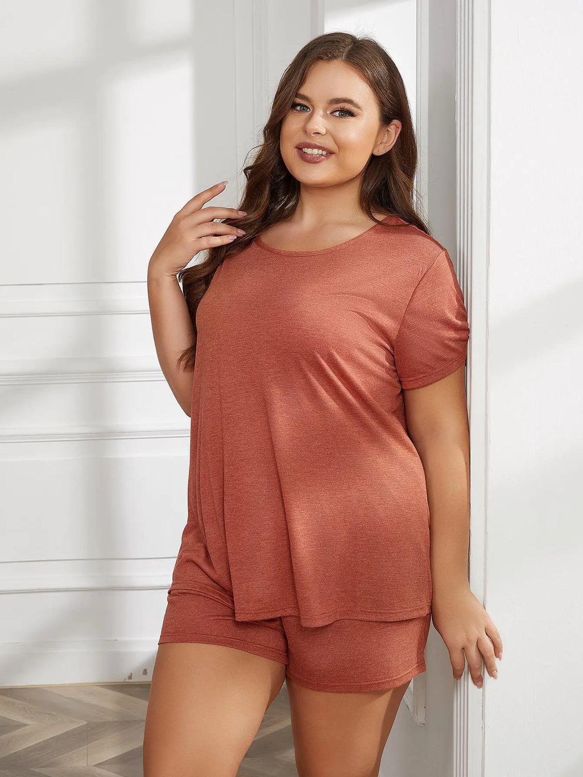 Plus Size Round Neck Short Sleeve Two-Piece Loungewear Set by Partner Label