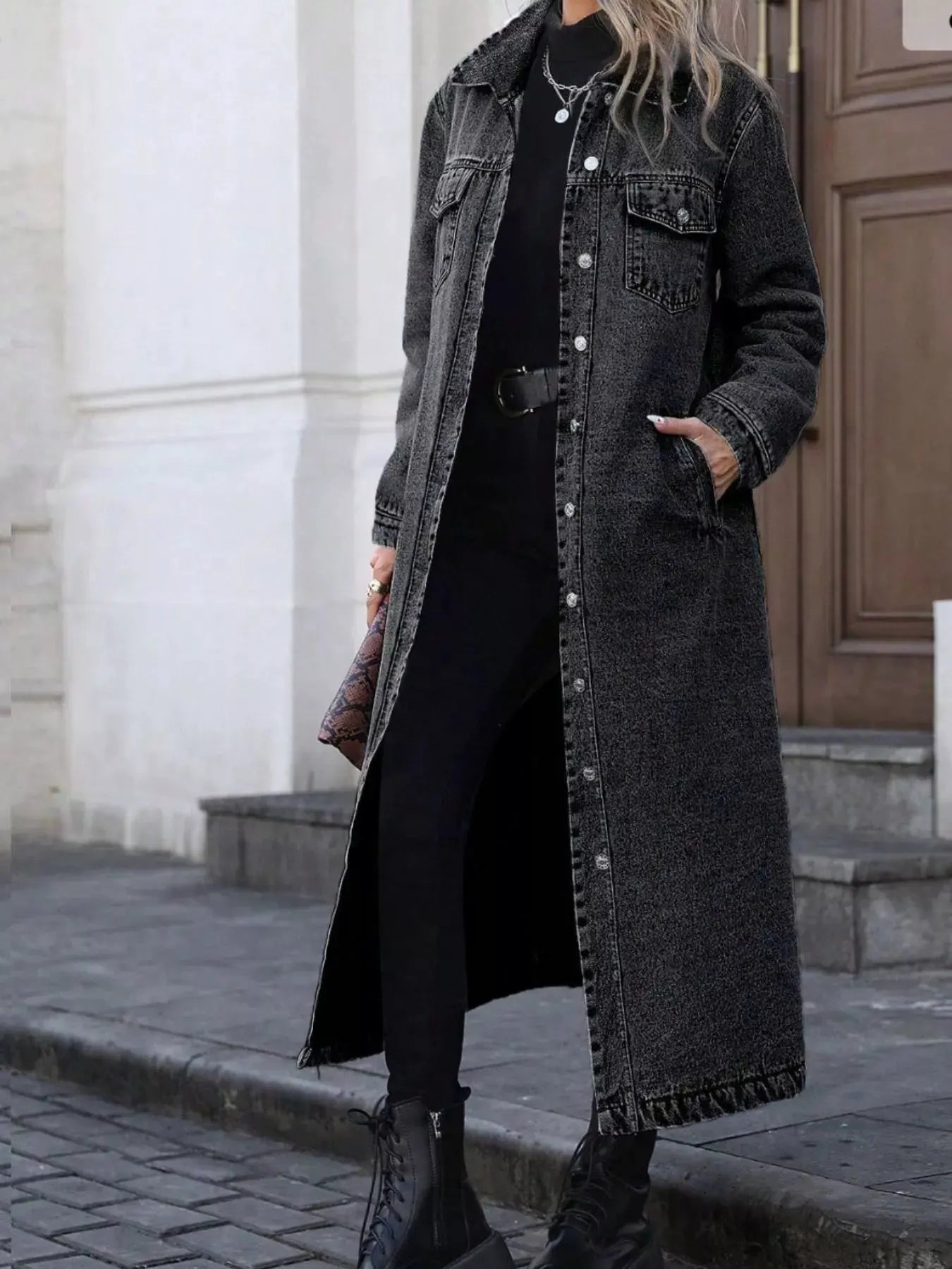 Longline Button-Front Denim Jacket by Partner Label