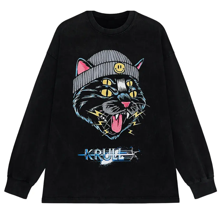 Hip Hop Oversized Cat Graphic T-Shirt Washed Cotton Streetwear Harajuku Tee by Vimost Shop