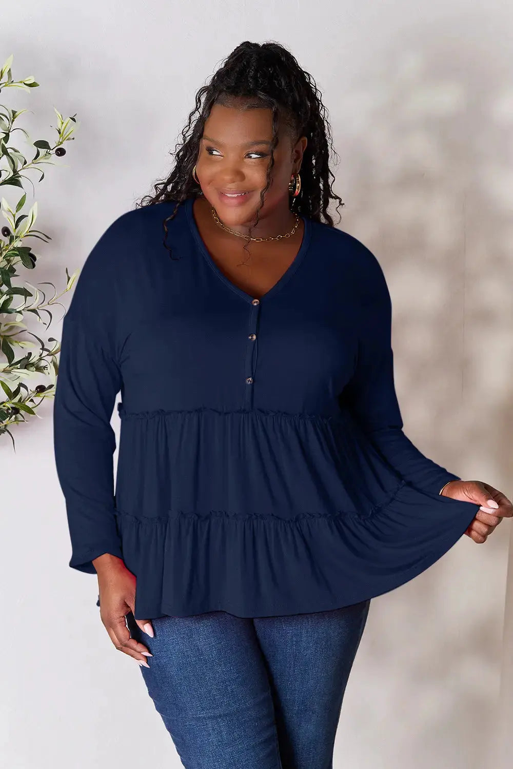 Double Take Half Button Long Sleeve Ruffle Hem Blouse by Double Take