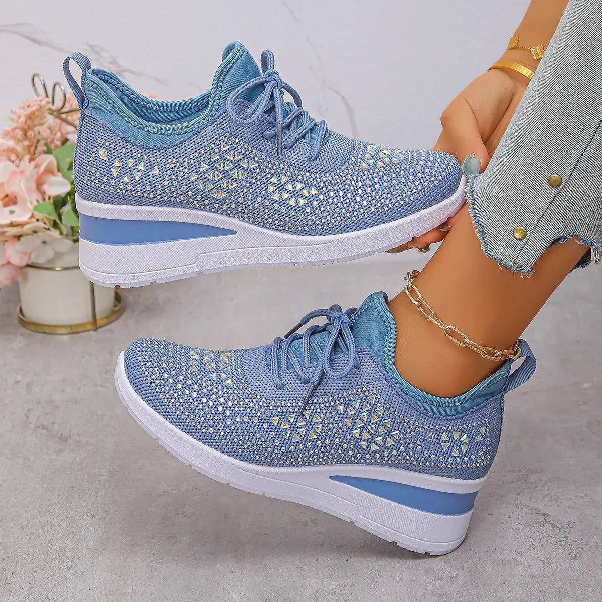 Breathable Mesh Rhinestone Wedge Athletic Sneakers by Partner Label