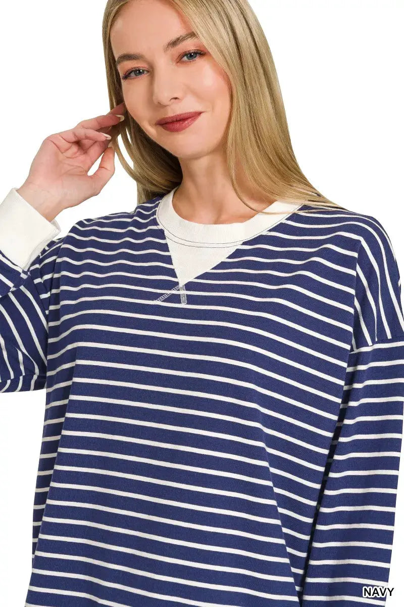 Zenana Contrast Striped Round Neck Sweatshirt by Zenana