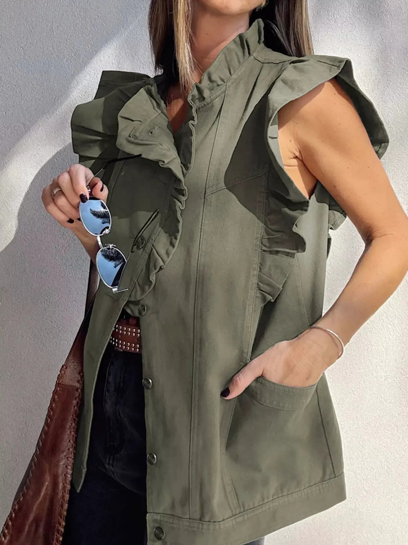 Ruffled Patchwork Denim Jacket Vest by Partner Label