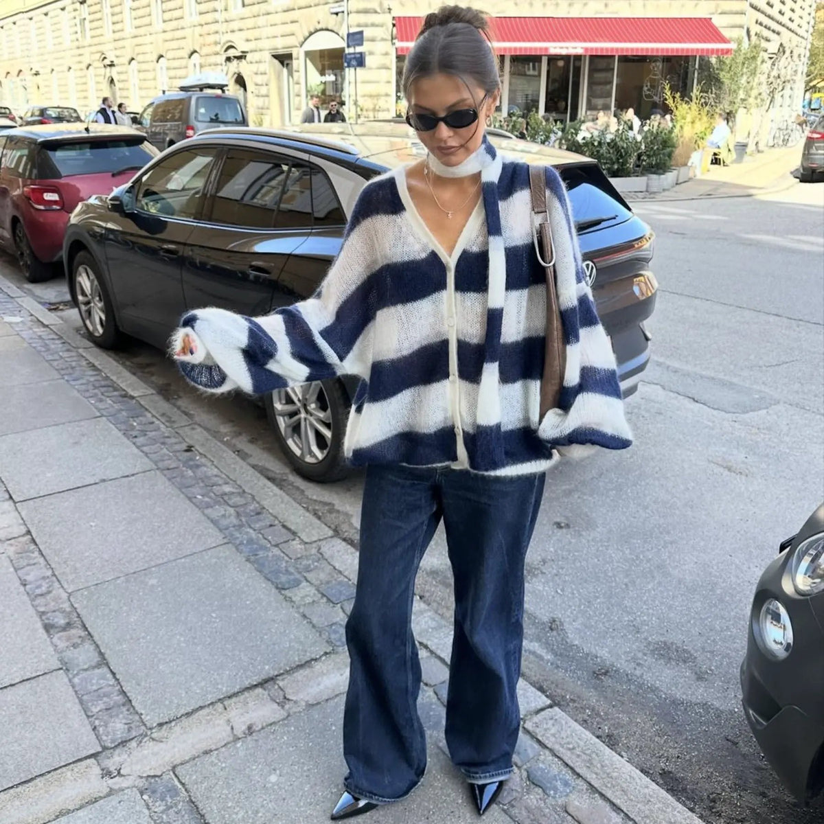 Loose And Idle Striped Sweater Cardigan With Scarf by Maiden-Art