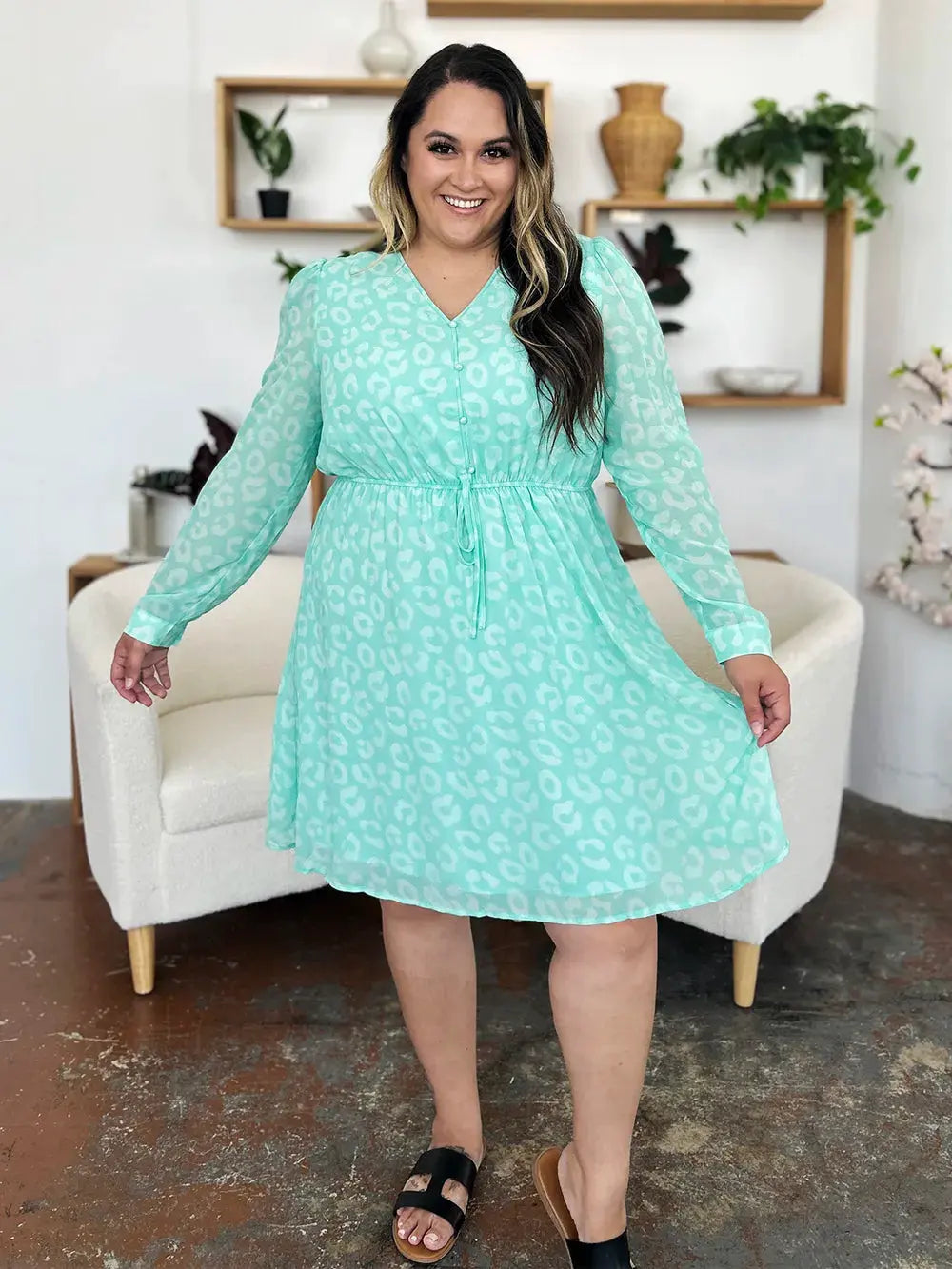 Double Take Full Size Printed Ruched V-Neck Long Sleeve Dress by Double Take