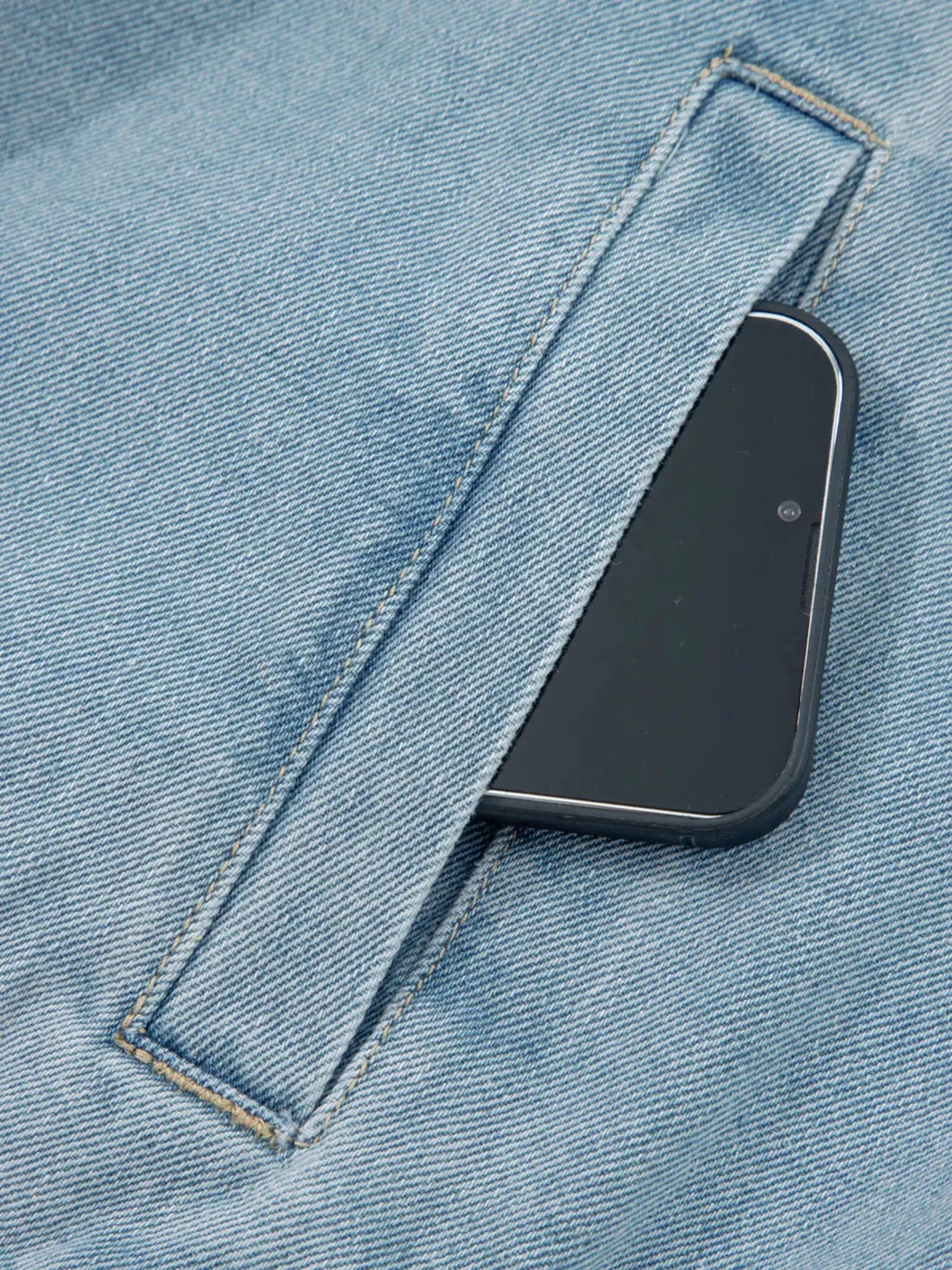 Elastic Edge Collared Zip Up Denim Jacket With Pocket by Partner Label