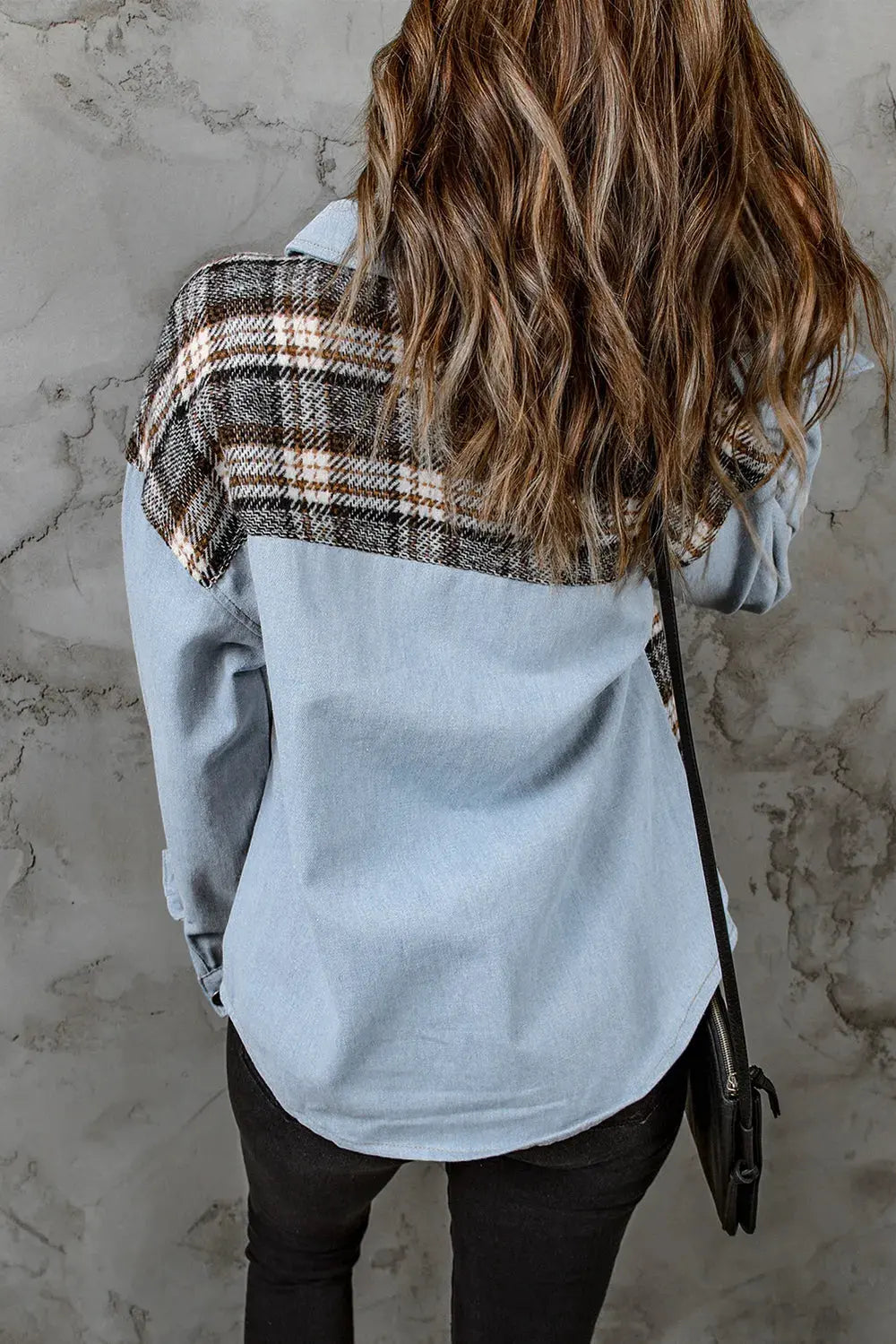 Plaid Pocketed Button Up Denim Jacket by Partner Label