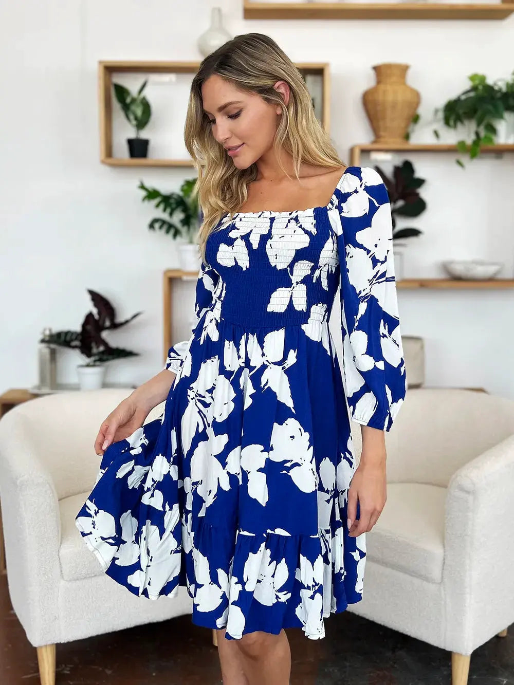 Double Take Full Size Floral Ruffle Hem Smocked Dress with Pockets by Double Take