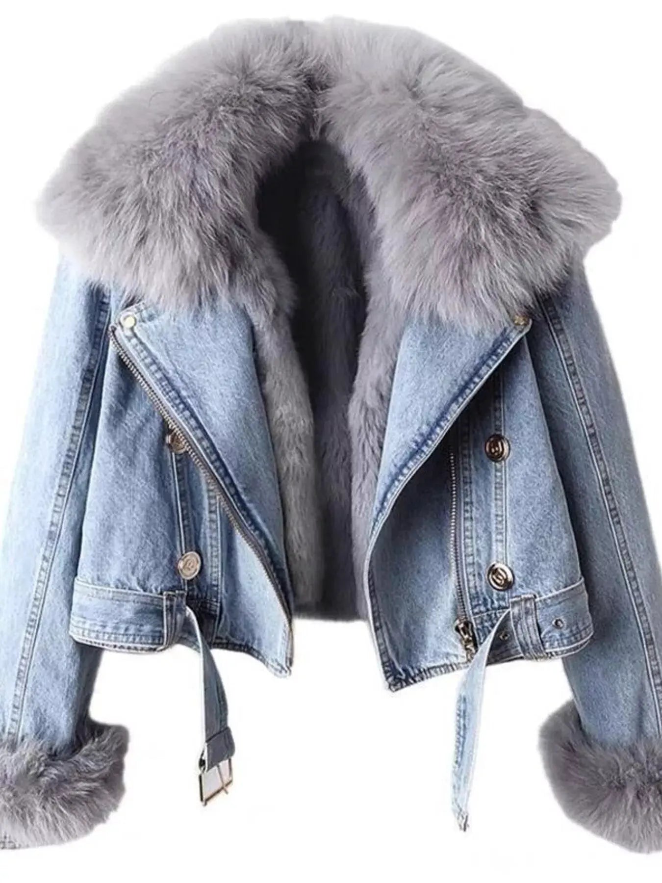 Full Size Faux Fur Collar Denim Jacket Plus Size by Partner Label