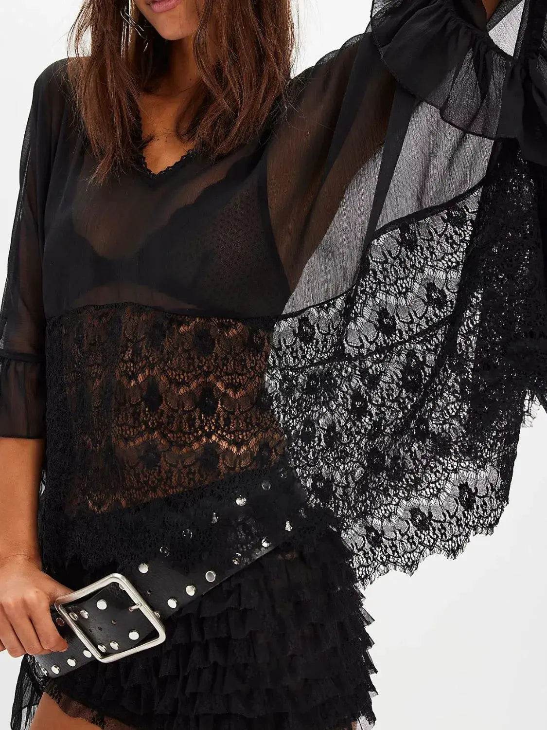 Lace V-Neck Ruffle Long Sleeve Cover-Up by Partner Labels