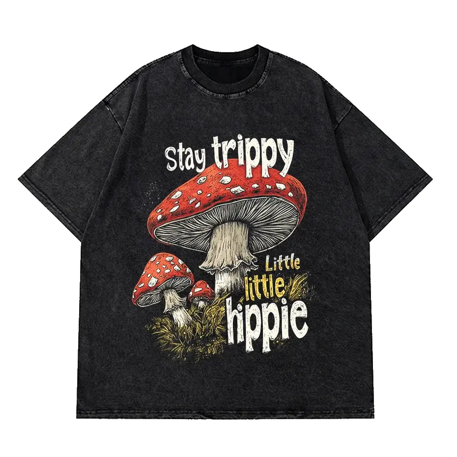 Vintage Mushroom Print Washed Cotton T-Shirt Women Hippie Streetwear by Vimost Shop