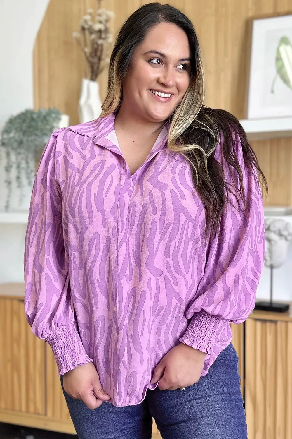 Double Take Full Size Printed Smocked Long Sleeve Blouse Plus Size by Double Take