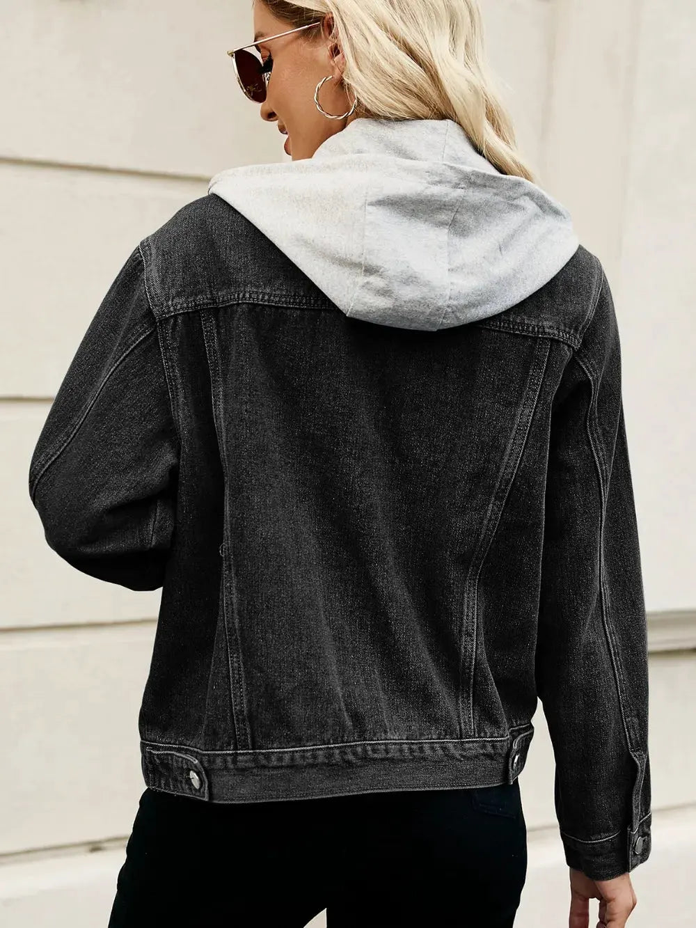 Drawstring Hooded Button Up Denim Jacket by Partner Label
