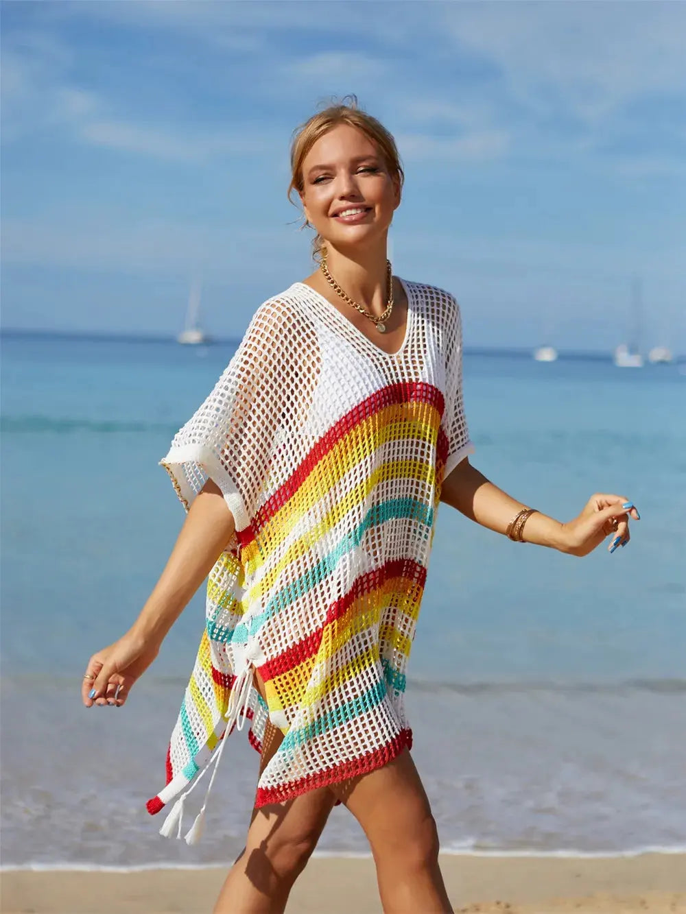 Angel Wings Cutout Striped Cover-Up with Tassel by Partner Labels