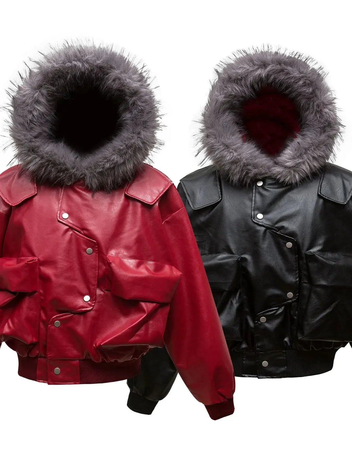 Men's Leather Bomber Jacket with Faux Fur Hood by Partner Label