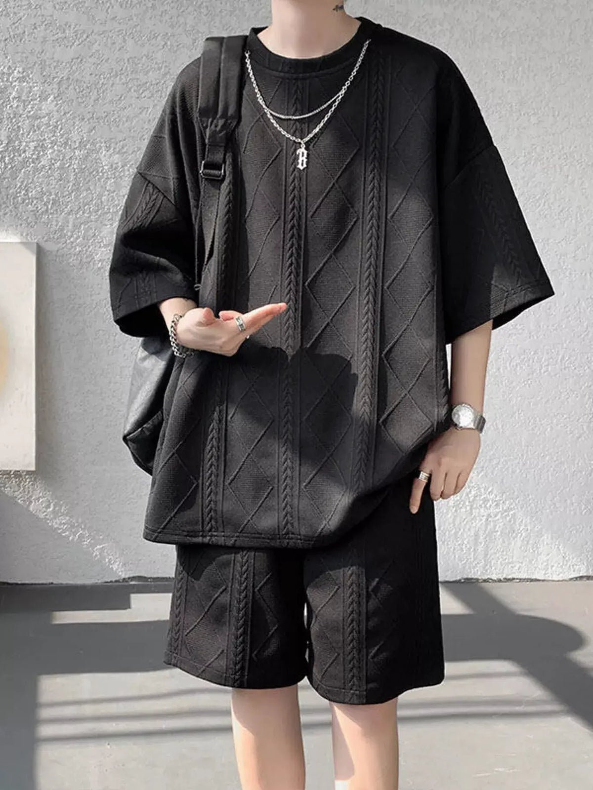 Men's Plus Size Textured Relaxed Fit Top and Shorts Set by Trendsi