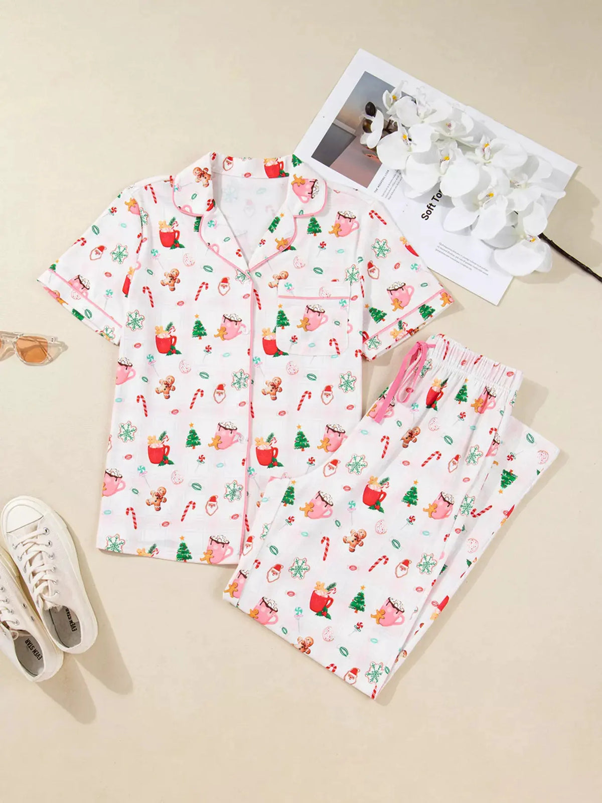 Christmas Spirit Cute Holiday Print Short Sleeve Shirt and Pants 2pcs Pajama Set by Partner Label