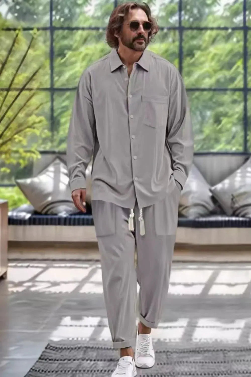 Men's Collared Neck Long Sleeve Top and Pants Set Plus Size by Trendsi