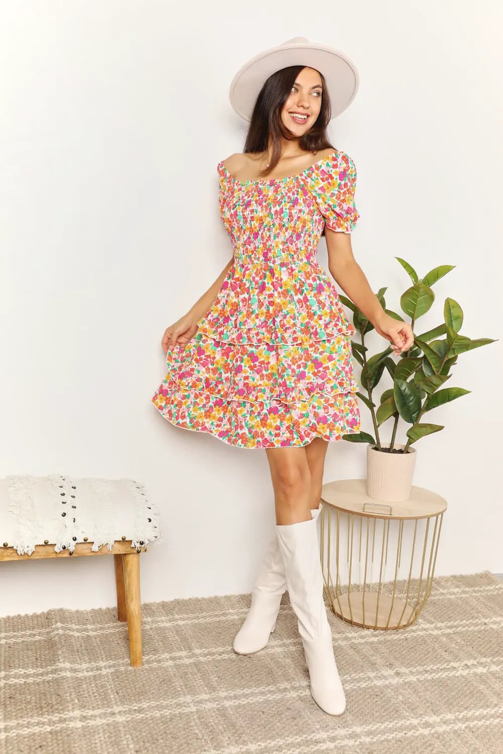 Devine Smocked Sweetheart Neck Flounce Sleeve Mini Dress by Double Take