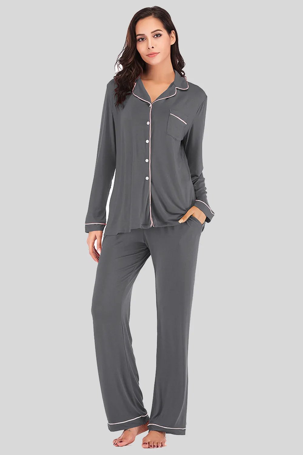 Collared Neck Long Sleeve Loungewear Set with Pockets by Partner Label