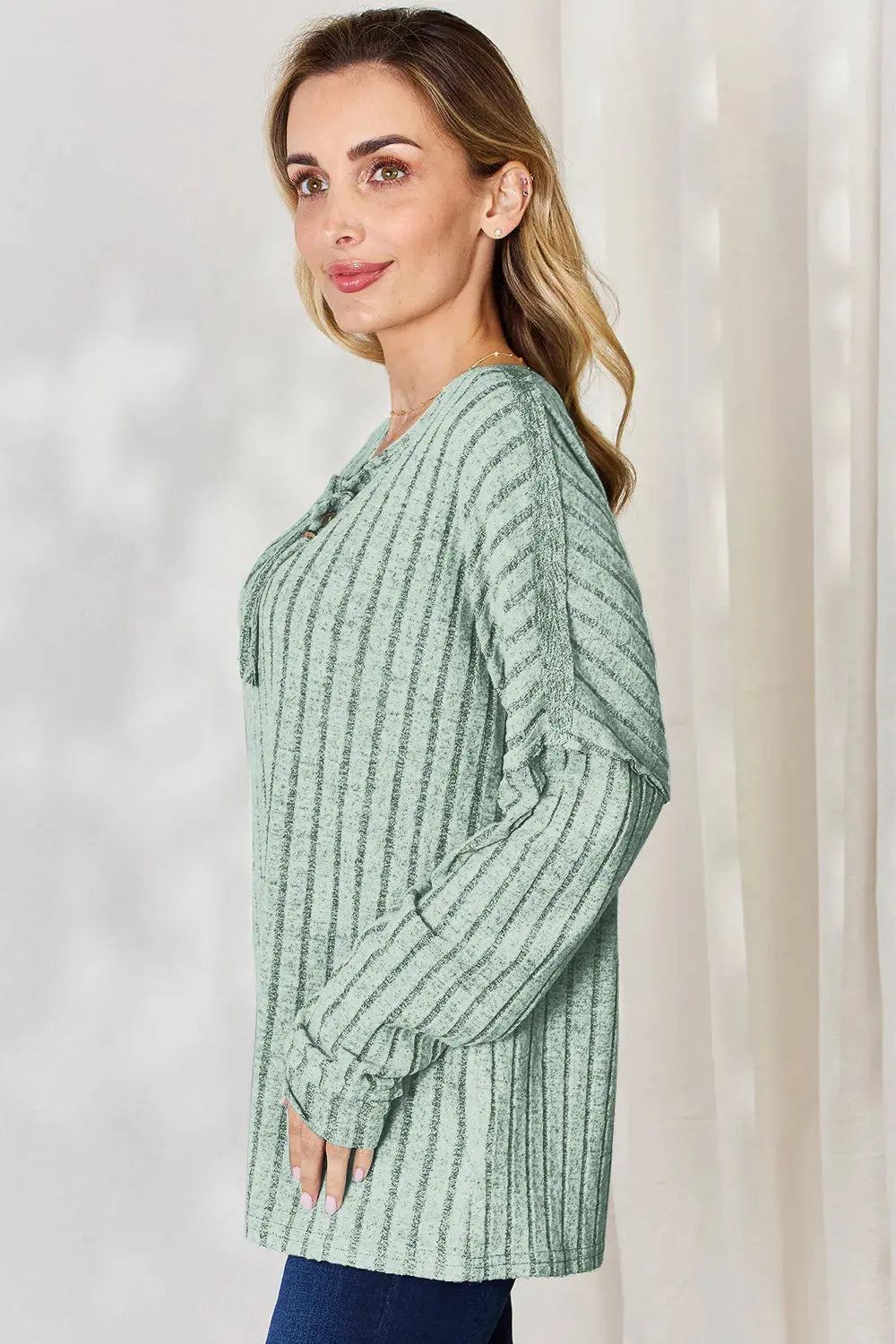 Basic Bae Full Size Ribbed Half Button Long Sleeve T‑Shirt | Partner Labels Selection by Partner Label