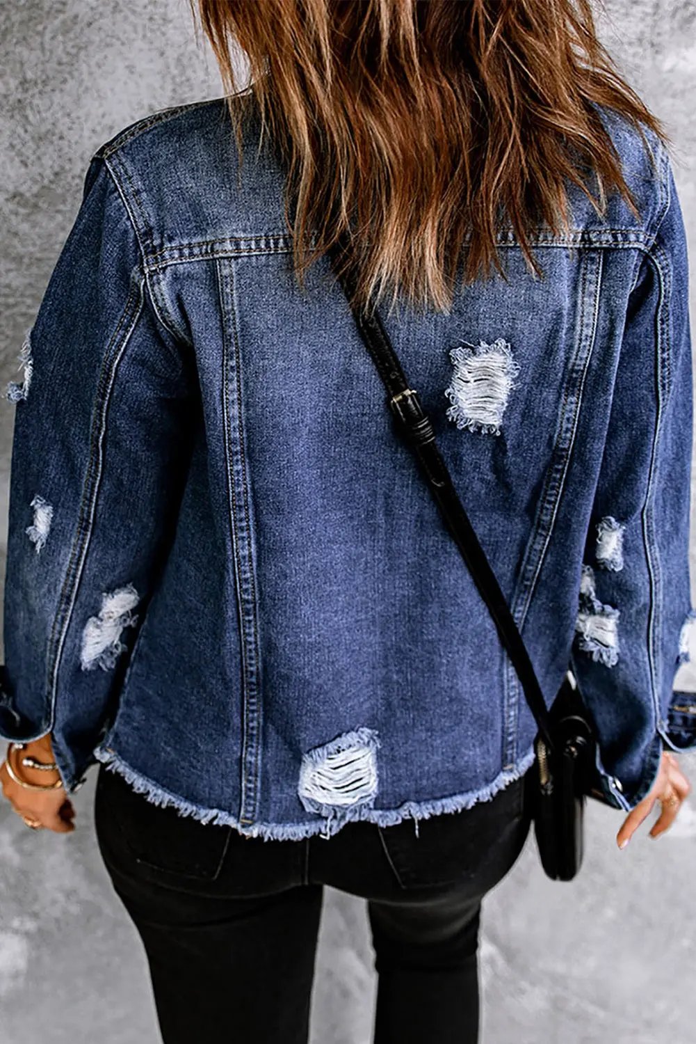 Mixed Print Distressed Button Front Denim Jacket by Partner Label