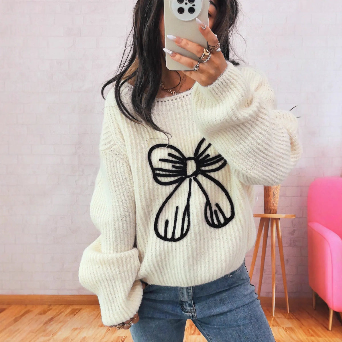 Simple Casual Bow Embroidery Decoration Knitted Long Sleeve Sweater by Maiden-Art