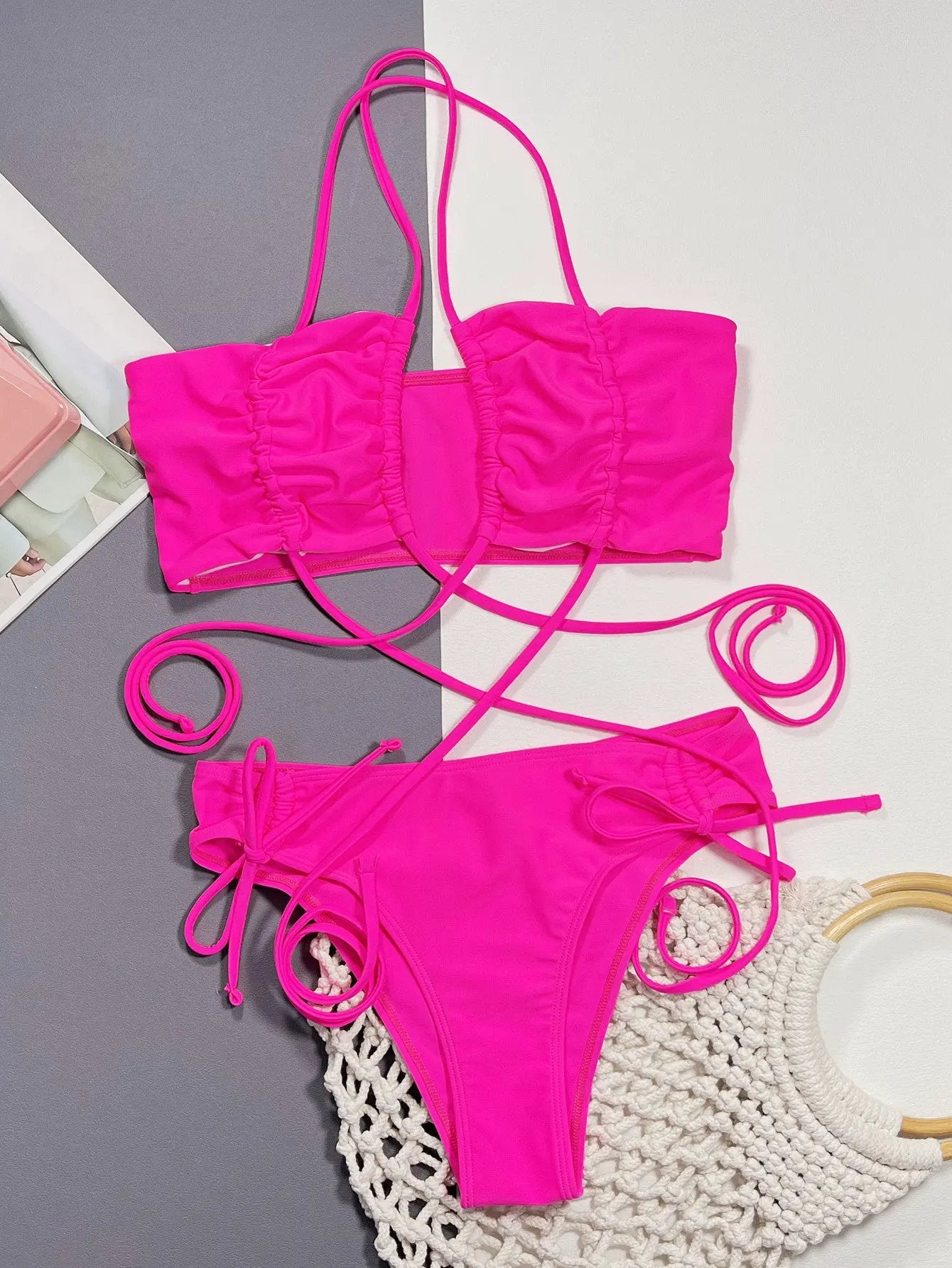 Halter Neck Drawstring Detail Bikini Set by Partner Label