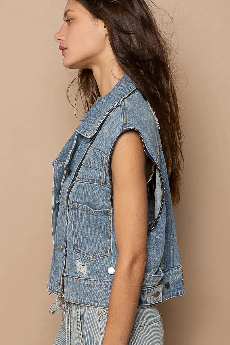 POL Cropped Denim Jacket with Functional Zipper Detail by POL