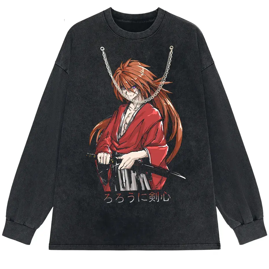 Rurouni Kenshin Washed Anime Graphic T-Shirt Men's Harajuku Streetwear Vintage Cotton Tee by Vimost Shop