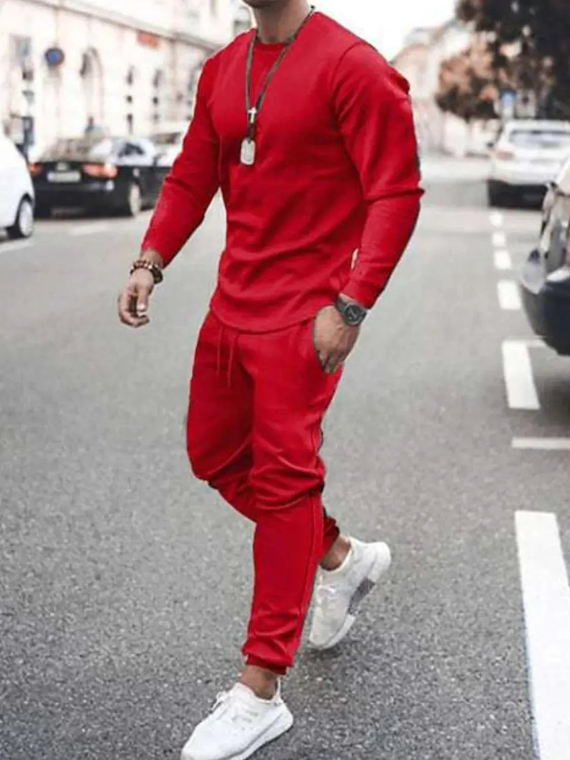 Men's Full Size Round Neck Long Sleeve Top and Pants Set Plus Size by Trendsi