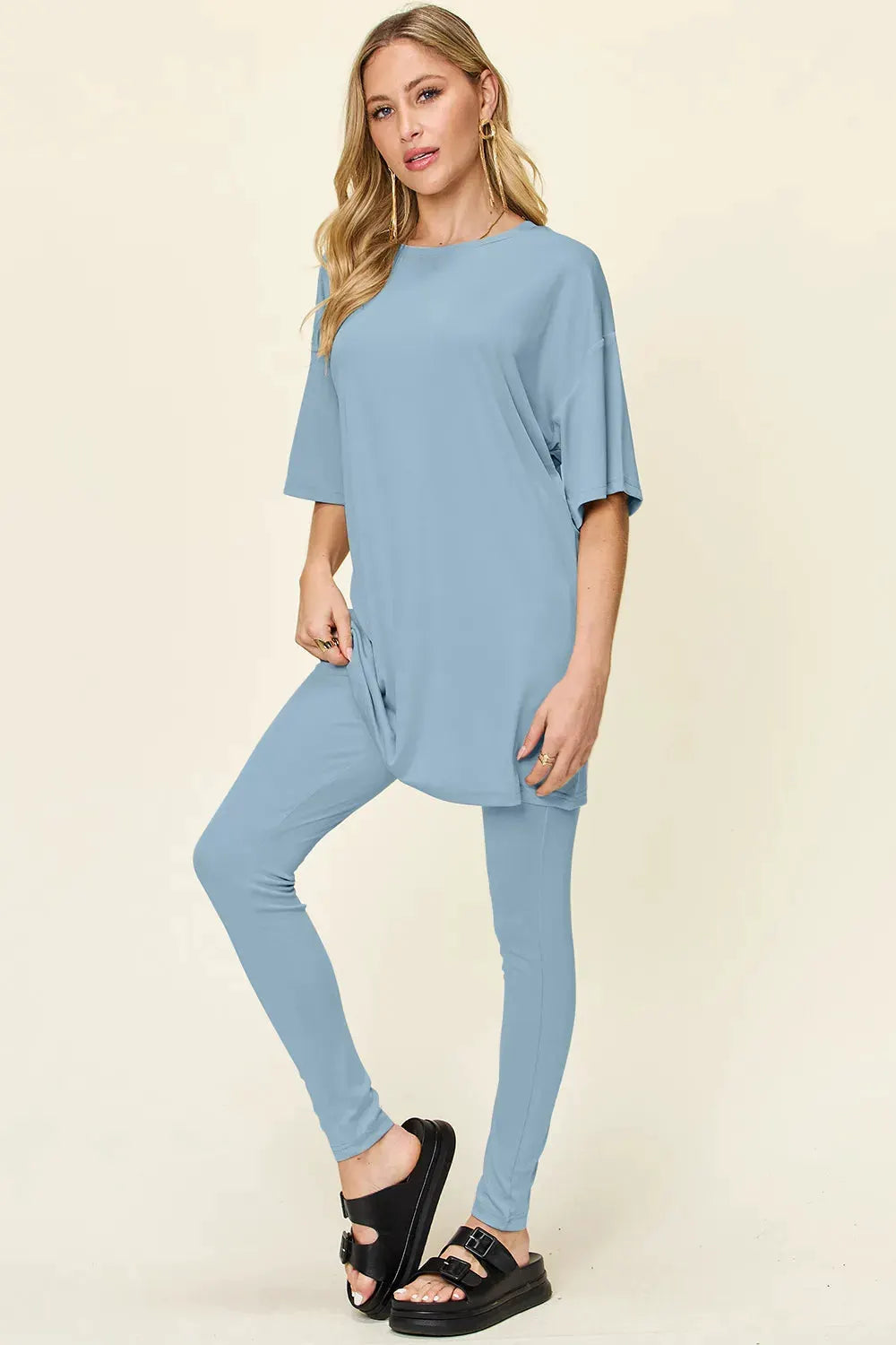 Double Take Full Size Round Neck Dropped Shoulder T-Shirt and Leggings Set by Double Take