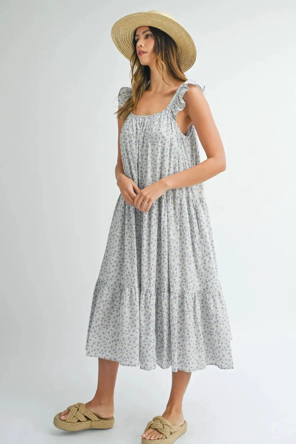MABLE Floral Ruffle Shoulder Tiered Midi Dress by MABLE