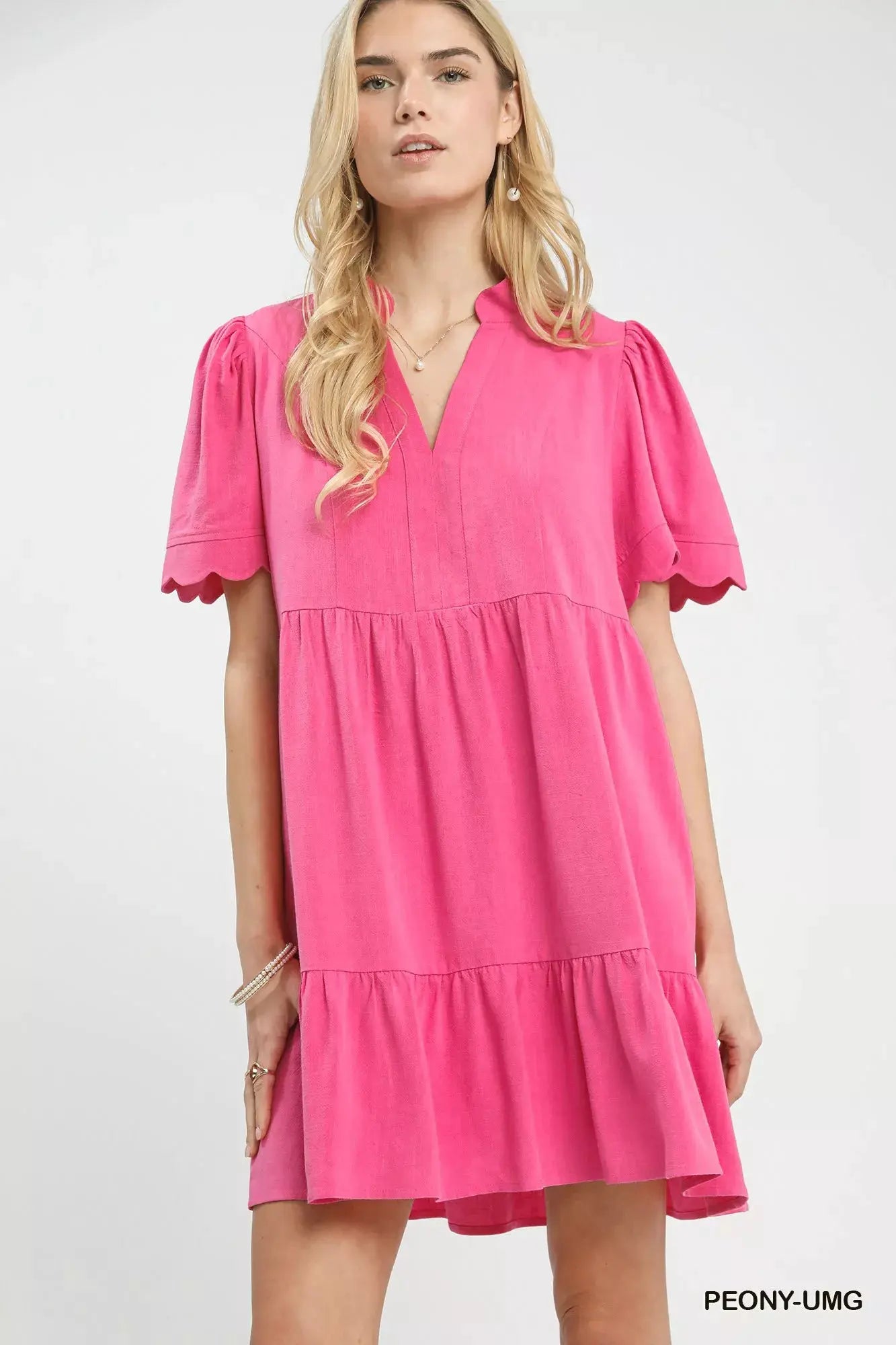 Umgee Linen Tiered Babydoll Dress with Scalloped Sleeves by Umgee