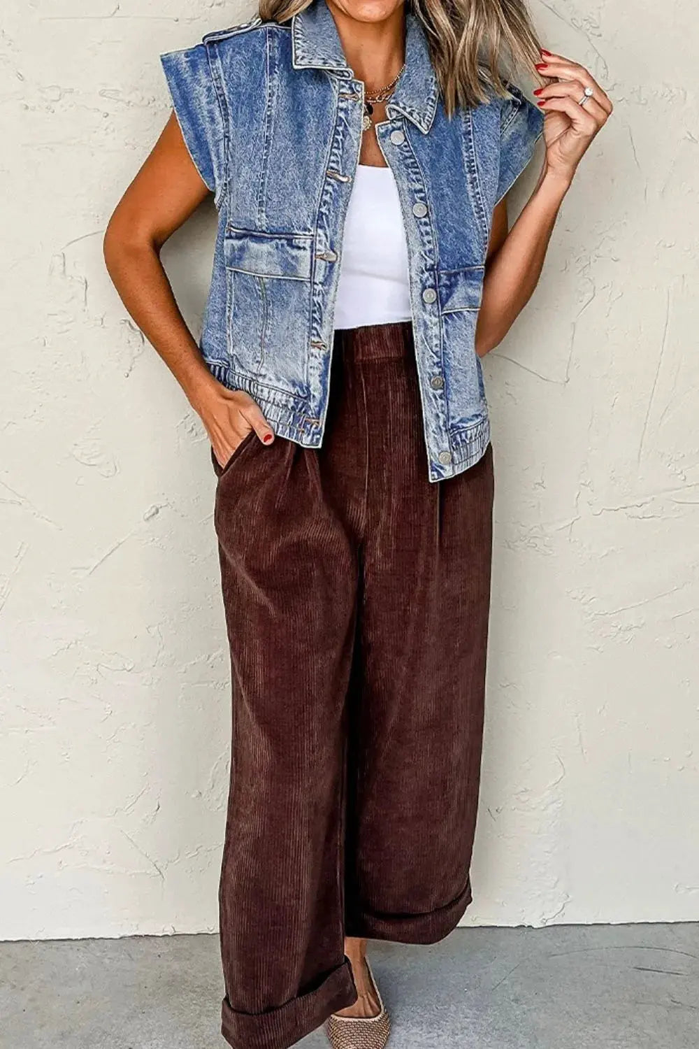 Button Up Cap Sleeve Denim Jacket by Partner Label