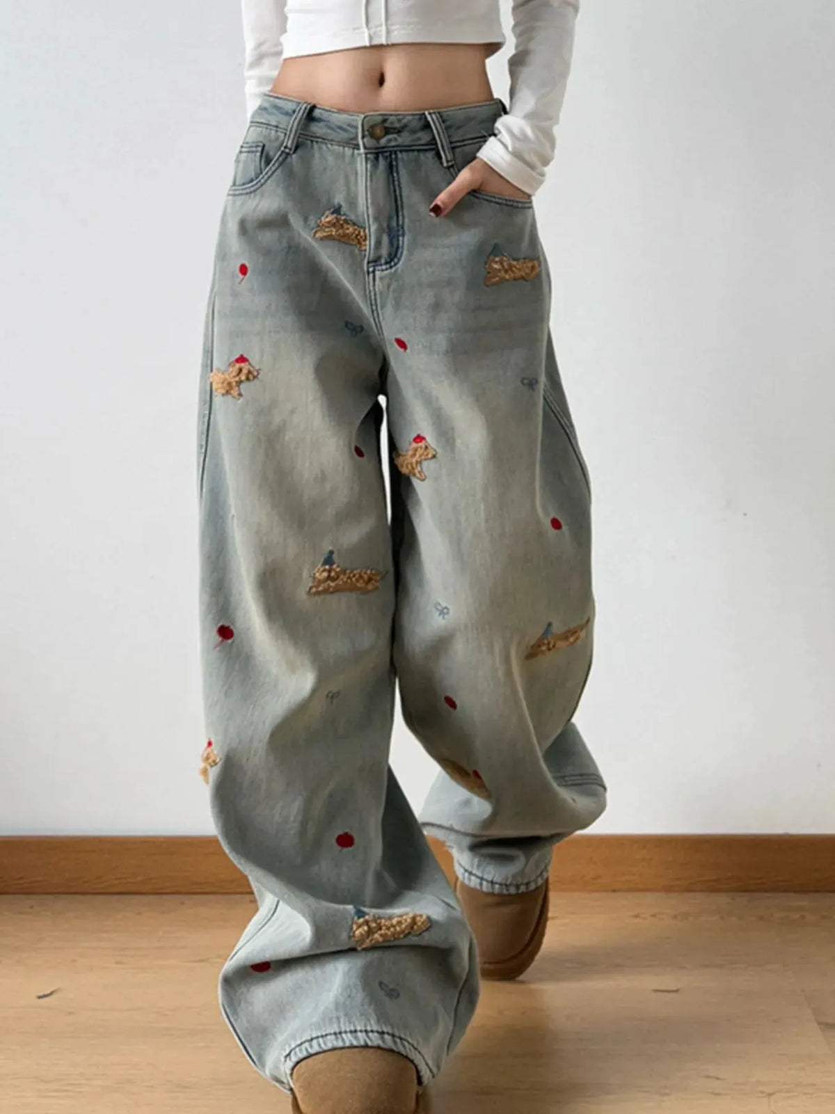 Embroidered Wide Leg Jeans by Partner Label